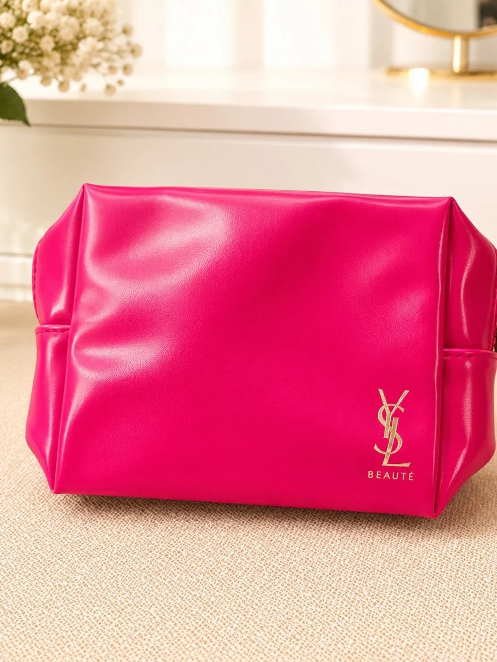 Yves Saint Laurent Bright Fuchsia Cosmetic Pouch with Gold YSL Logo